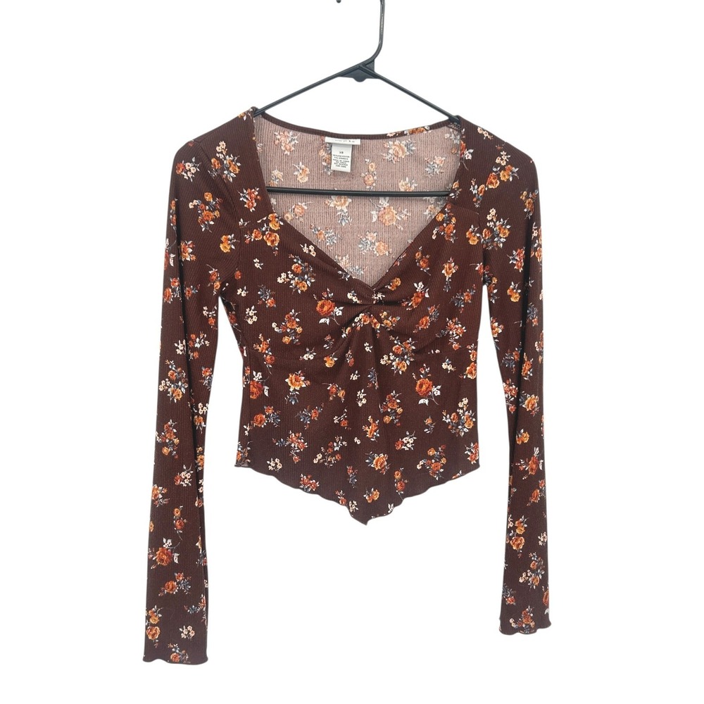 Y2K Fairy Grunge Floral Ruched Bust‎ Crop Top XS Brown Ribbed Indie Romantic